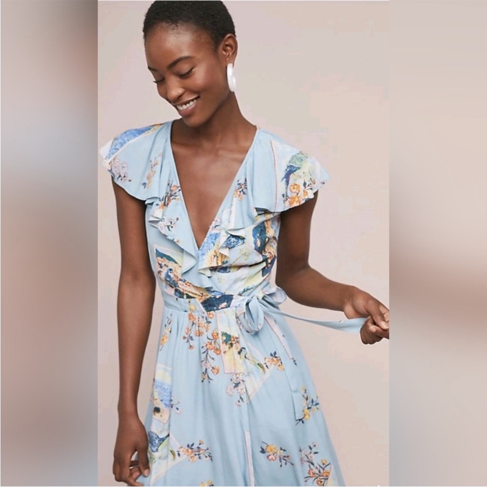 Anthropologie Maeve Blue Floral Travel Motif Wrap Dress